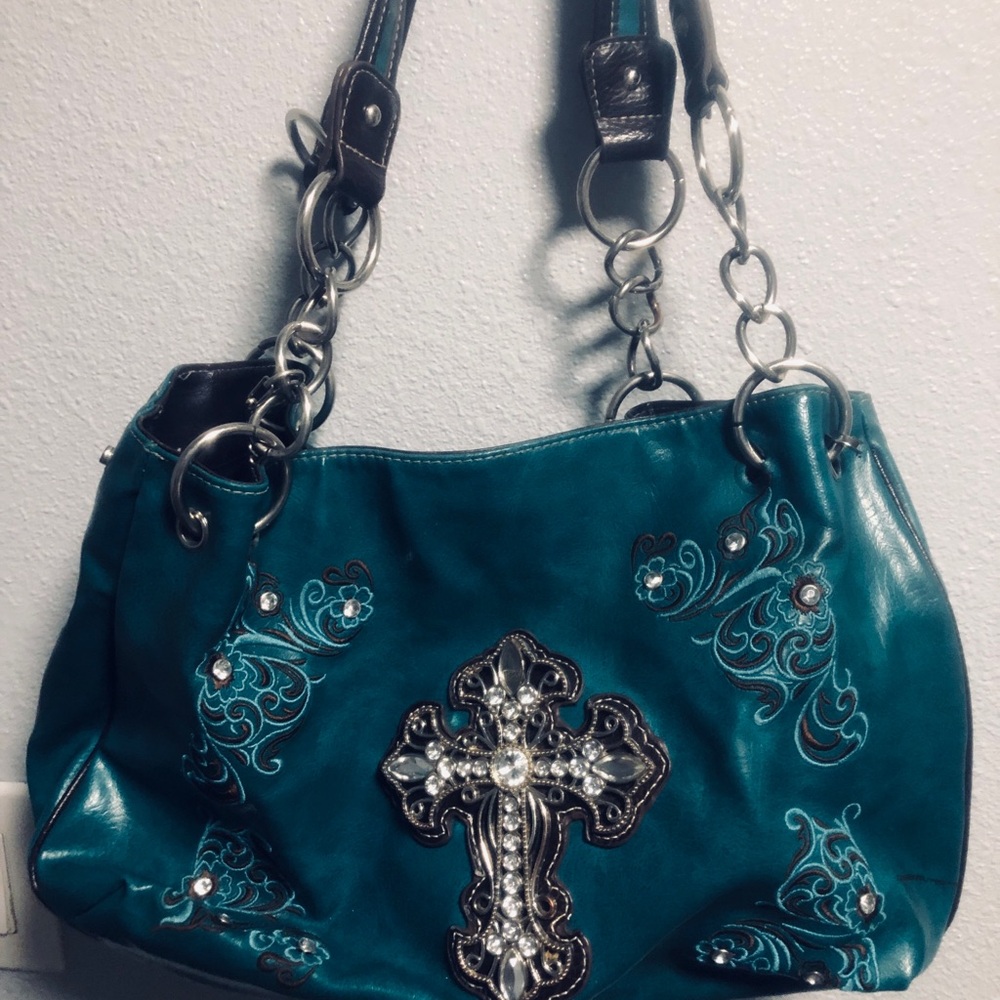 Teal Embellished Cross Tote Shoulder Bag